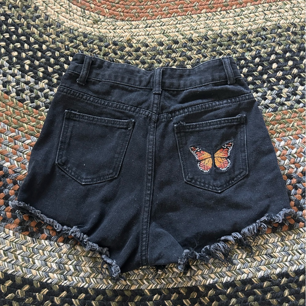 Black Denim Shorts with Butterfly Embroidery